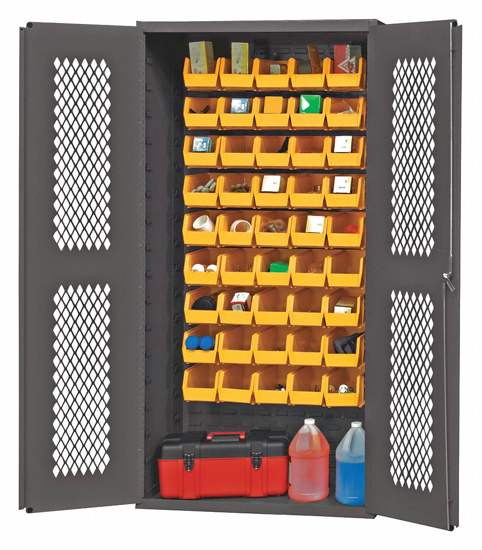 BIN CABINET, 36 IN X 18 IN 72 IN, 45 BINS, YELLOW, VENTILATED, 14 GA PANEL