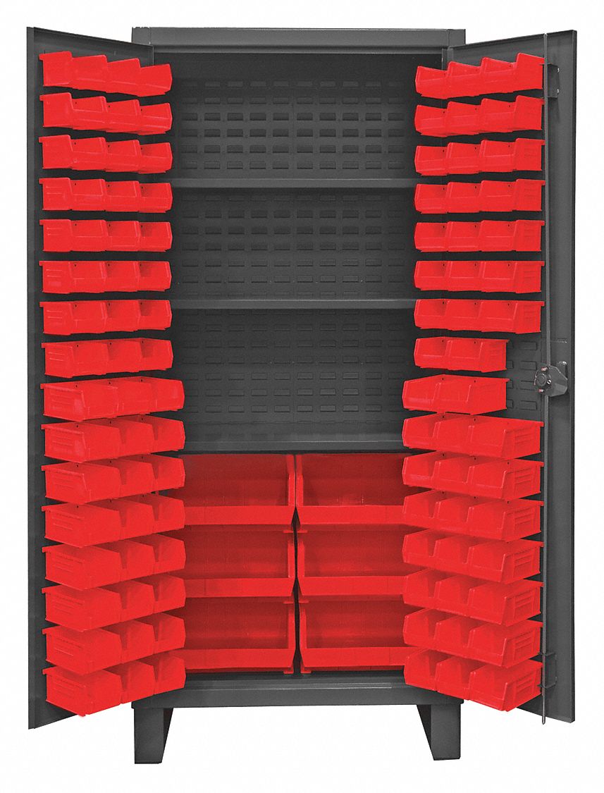 Bin Cabinet: 36 in x 24 in 78 in, 3 Shelves, 102 Bins, Red, Flush, 12 ga Panel, Gray