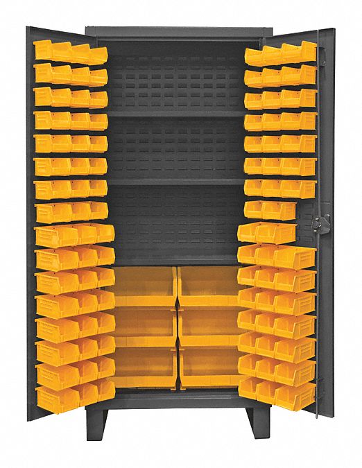 Bin Cabinet: 36 in x 24 in 78 in, 3 Shelves, 102 Bins, Yellow, Flush, 12 ga Panel, Gray