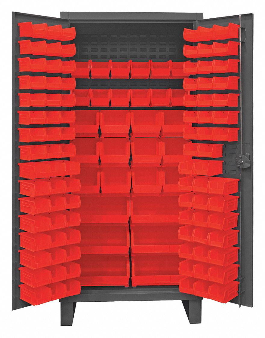 Bin Cabinet: 36 in x 24 in 78 in, 0 Shelves, 126 Bins, Red, Flush, 12 ga Panel, Gray