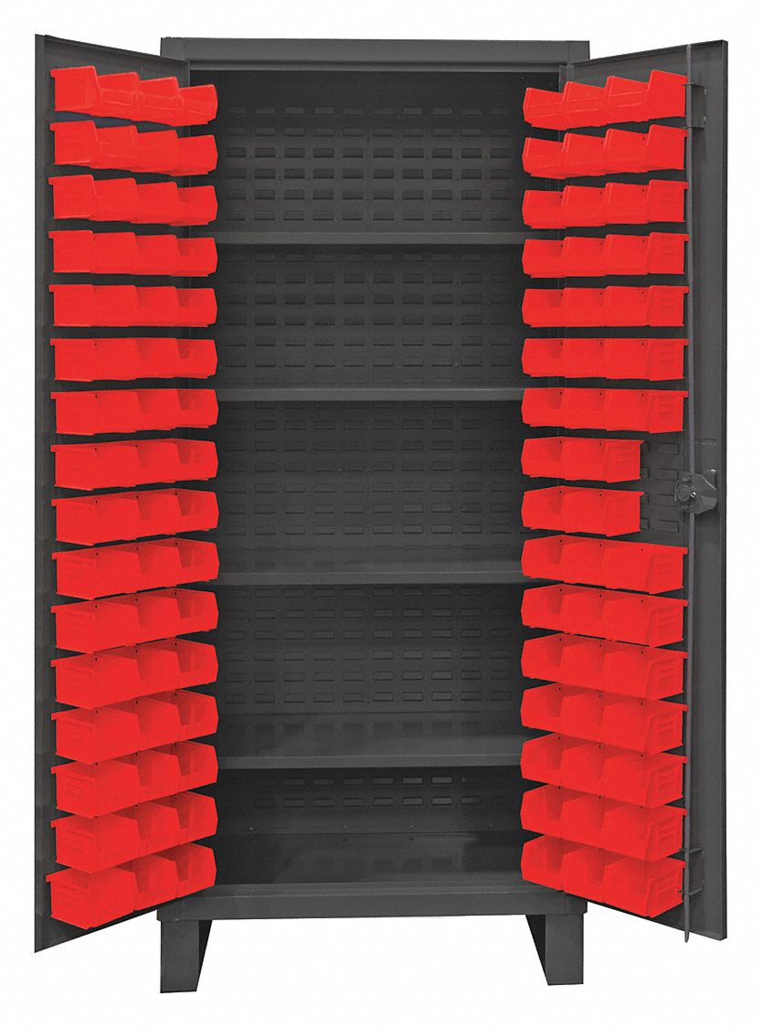 Bin Cabinet: 36 in x 24 in 78 in, 4 Shelves, 96 Bins, Red, Flush, 12 ga Panel, Gray