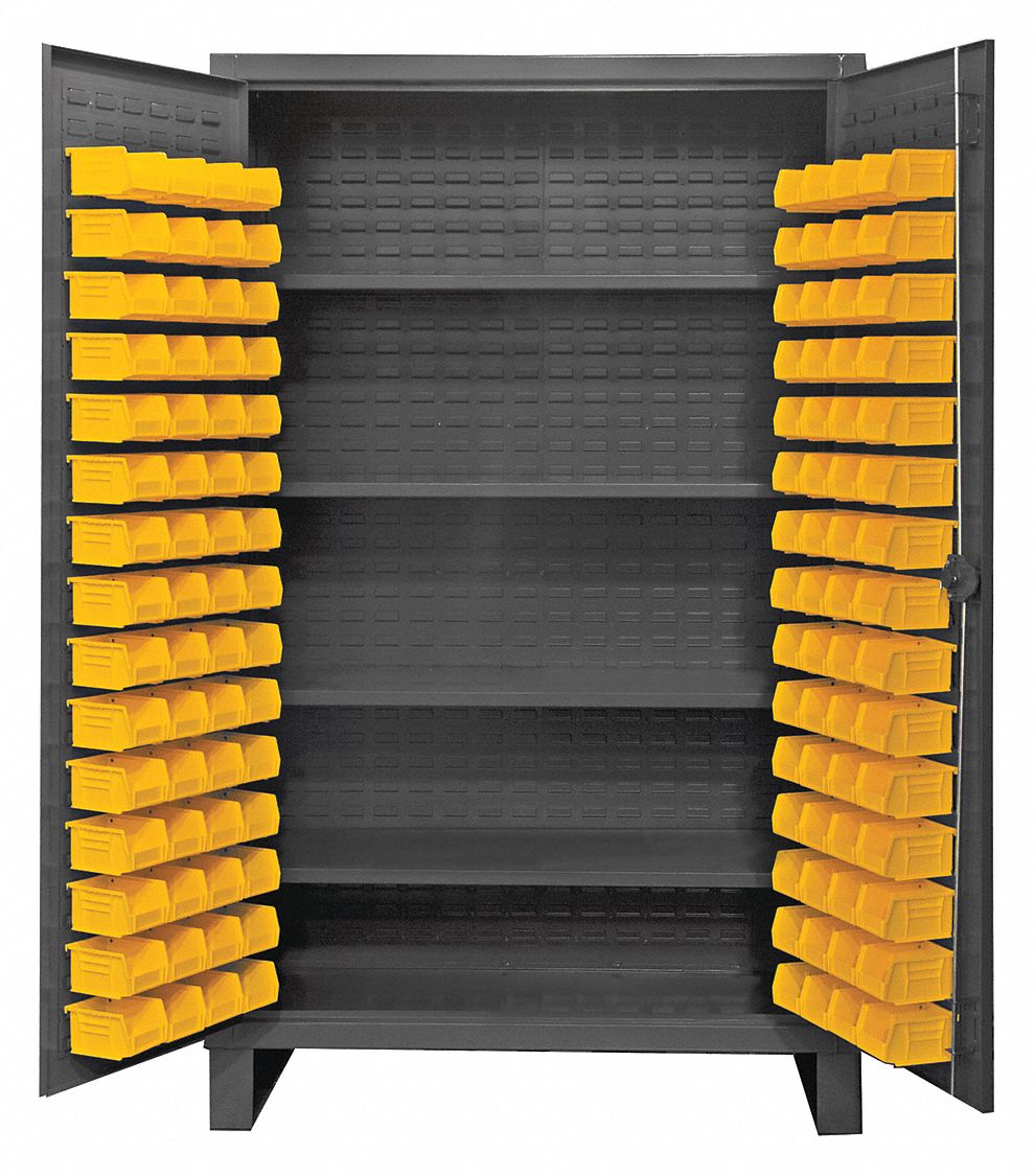 Bin Cabinet: 36 in x 24 in 78 in, 4 Shelves, 120 Bins, Yellow, Flush, 12 ga Panel, Gray