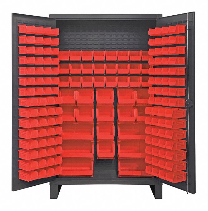 Bin Cabinet: 48 in x 24 in 78 in, 0 Shelves, 162 Bins, Red, Flush, 12 ga Panel, Gray