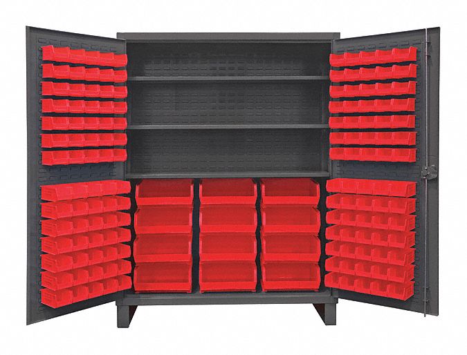 Bin Cabinet: 60 in x 24 in 78 in, 3 Shelves, 156 Bins, Red, Flush, 12 ga Panel, Gray