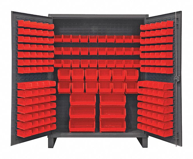 Bin Cabinet: 60 in x 24 in 78 in, 0 Shelves, 198 Bins, Red, Flush, 12 ga Panel, Gray