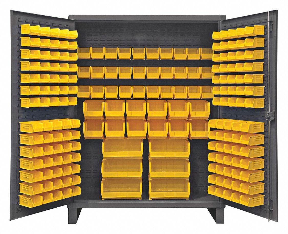 Bin Cabinet: 60 in x 24 in 78 in, 0 Shelves, 198 Bins, Yellow, Flush, 12 ga Panel, Gray