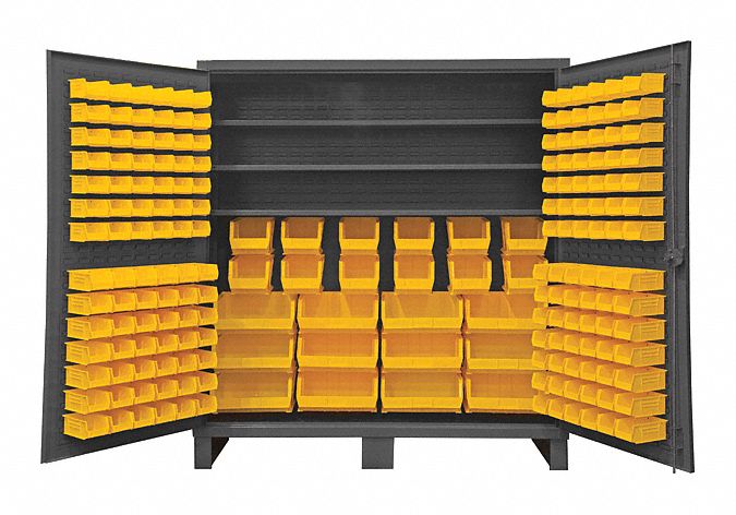 Bin Cabinet: 72 in x 24 in 78 in, 3 Shelves, 192 Bins, Yellow, Flush, 12 ga Panel, Gray