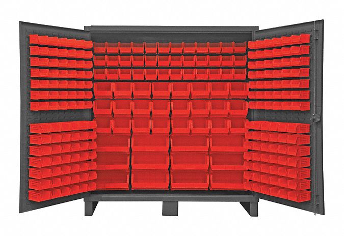 BIN CABINET, 72 IN X 24 IN 78 IN, 240 BINS, RED, FLUSH, 12 GA PANEL, GREY
