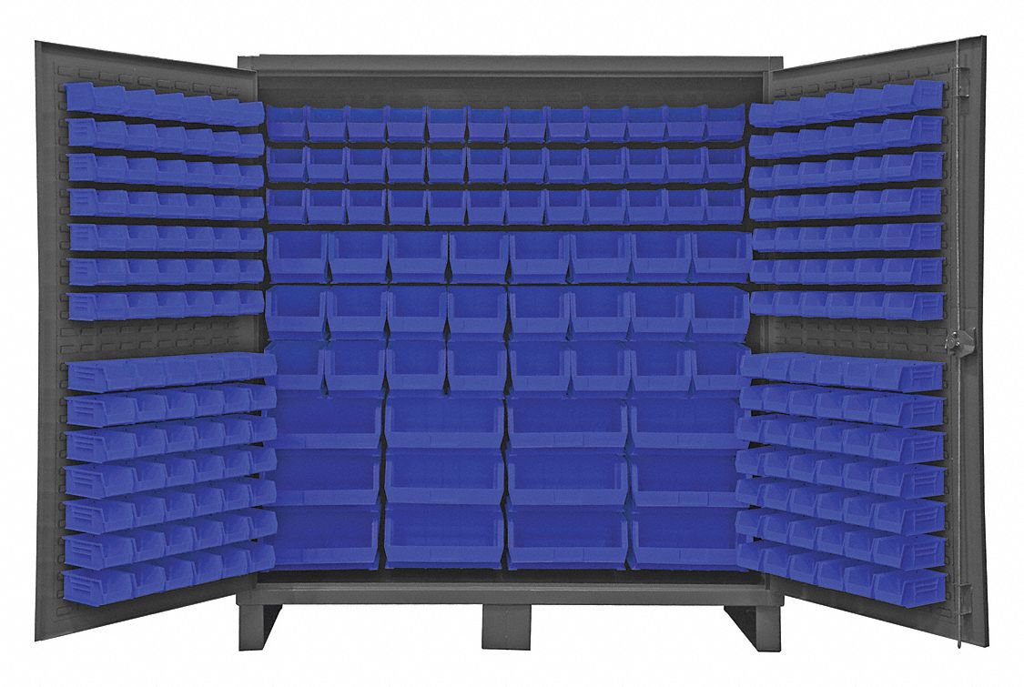 Bin Cabinet: 72 in x 24 in 78 in, 0 Shelves, 240 Bins, Blue, Flush, 12 ga Panel, Gray