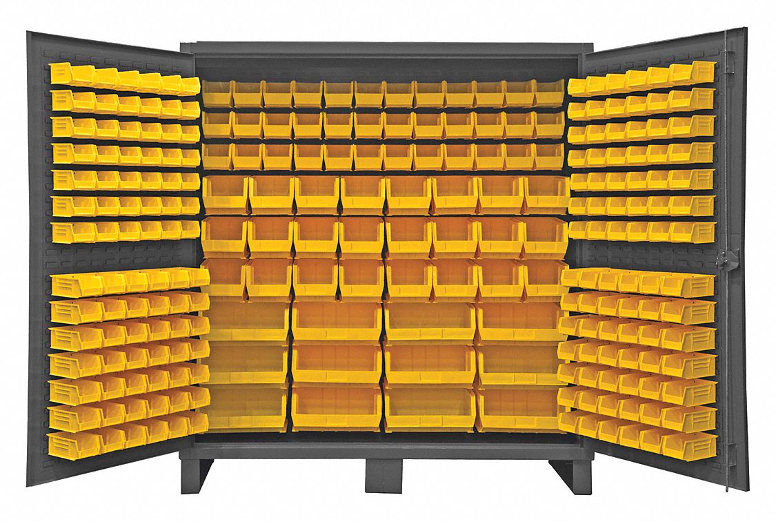 BIN CABINET, 72 IN X 24 IN 78 IN, 240 BINS, YELLOW, FLUSH, 12 GA PANEL, GREY