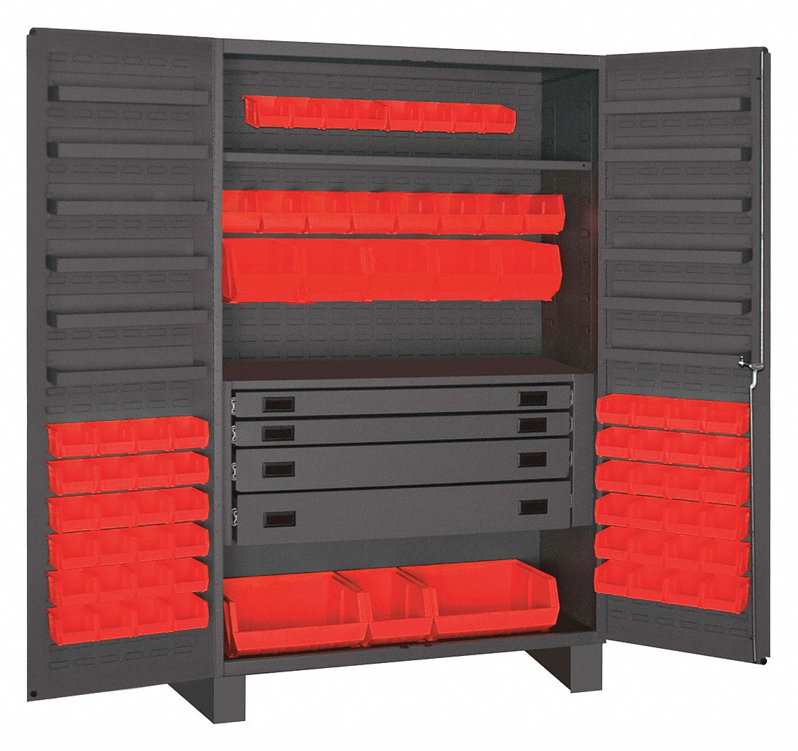 Bin Cabinet: 48 in x 24 in 78 in, 13 Shelves, 72 Bins, Red, 4 Drawers, Flush, 14 ga Panel