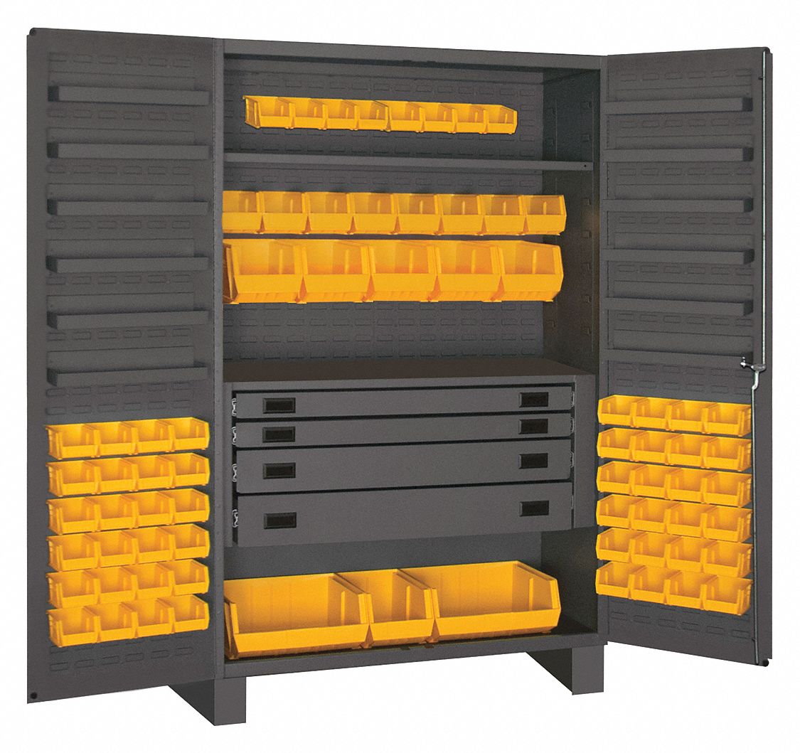 BIN CABINET, 48 IN X 24 IN 78 IN, 13 SHELVES, 72 BINS, YELLOW, 4 DRAWERS, FLUSH, GREY