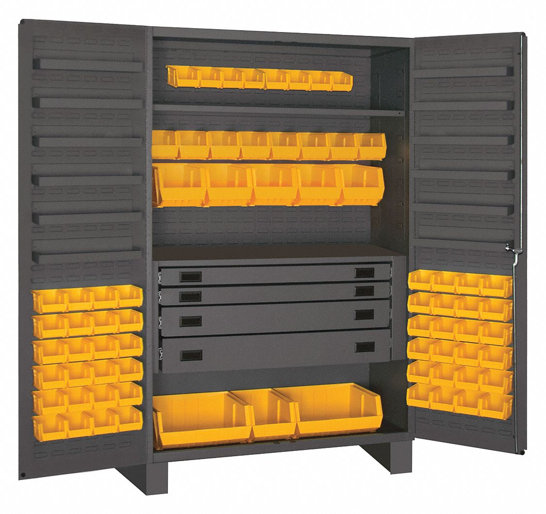 912785-4 Durham Bin Cabinet: 36 in x 24 in 72 in, 4 Shelves, 96 Bins,  Yellow, Deep Box, 14 ga Panel, Gray