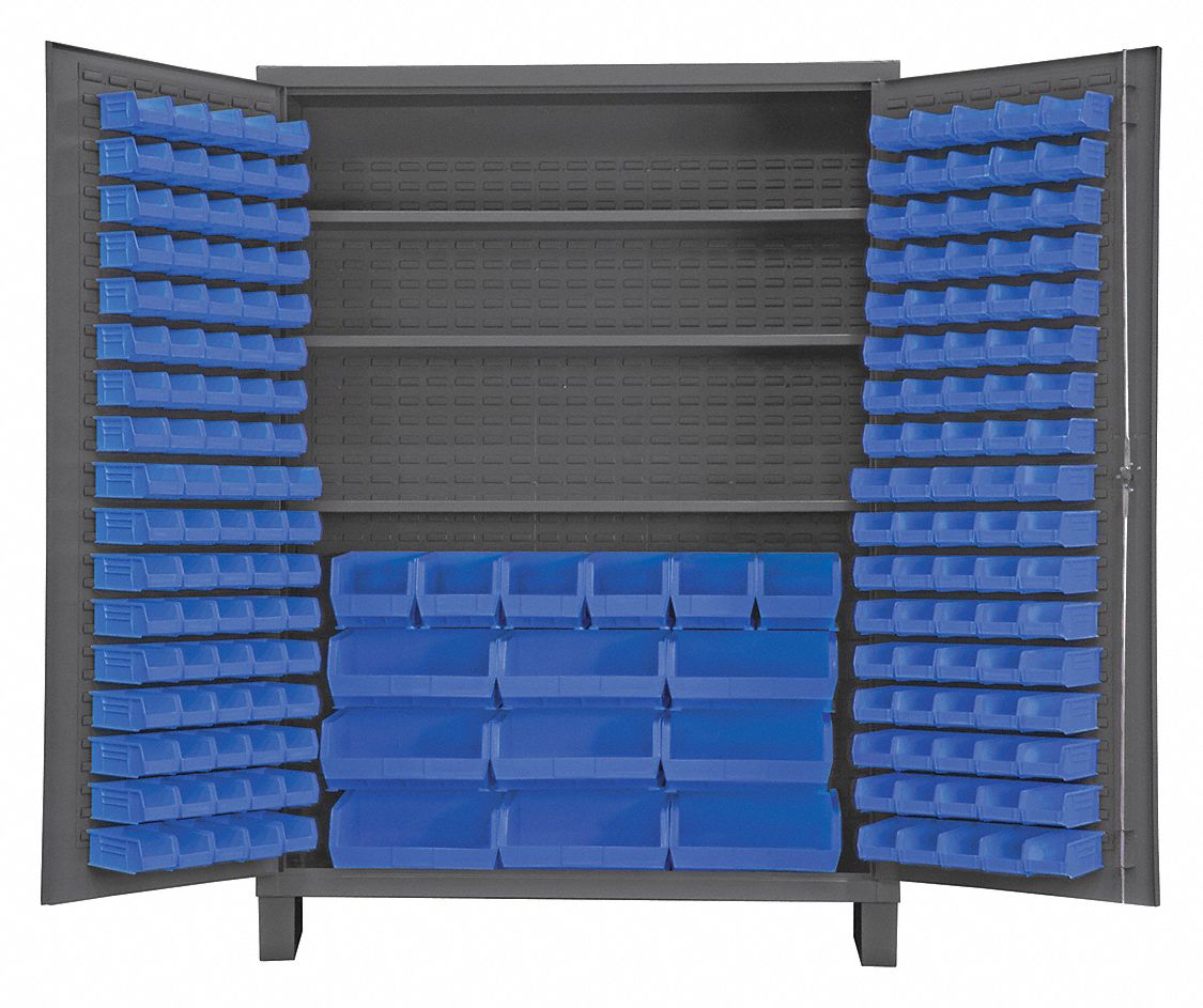 DURHAM MFG Bin 60 in x 24 in 84 in, 3 Shelves, 185 Bins, Blue, Flush, 14 ga Panel, Gray