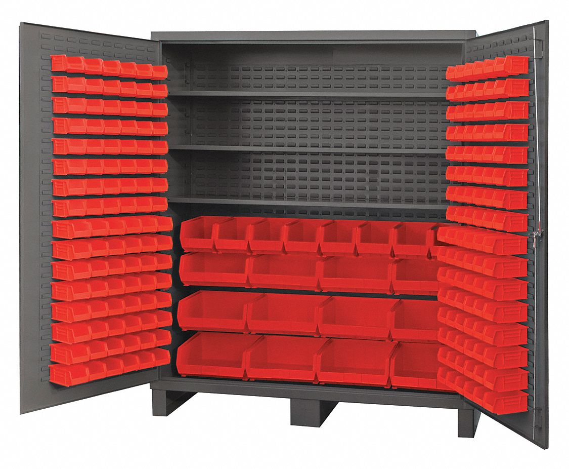 Bin Cabinet: 72 in x 24 in 84 in, 3 Shelves, 212 Bins, Red, Flush, 14 ga Panel, Gray