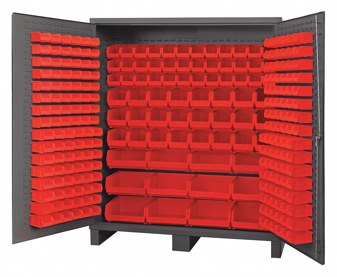 Bin Cabinet: 72 in x 24 in 84 in, 0 Shelves, 264 Bins, Red, Flush, 14 ga Panel, Gray