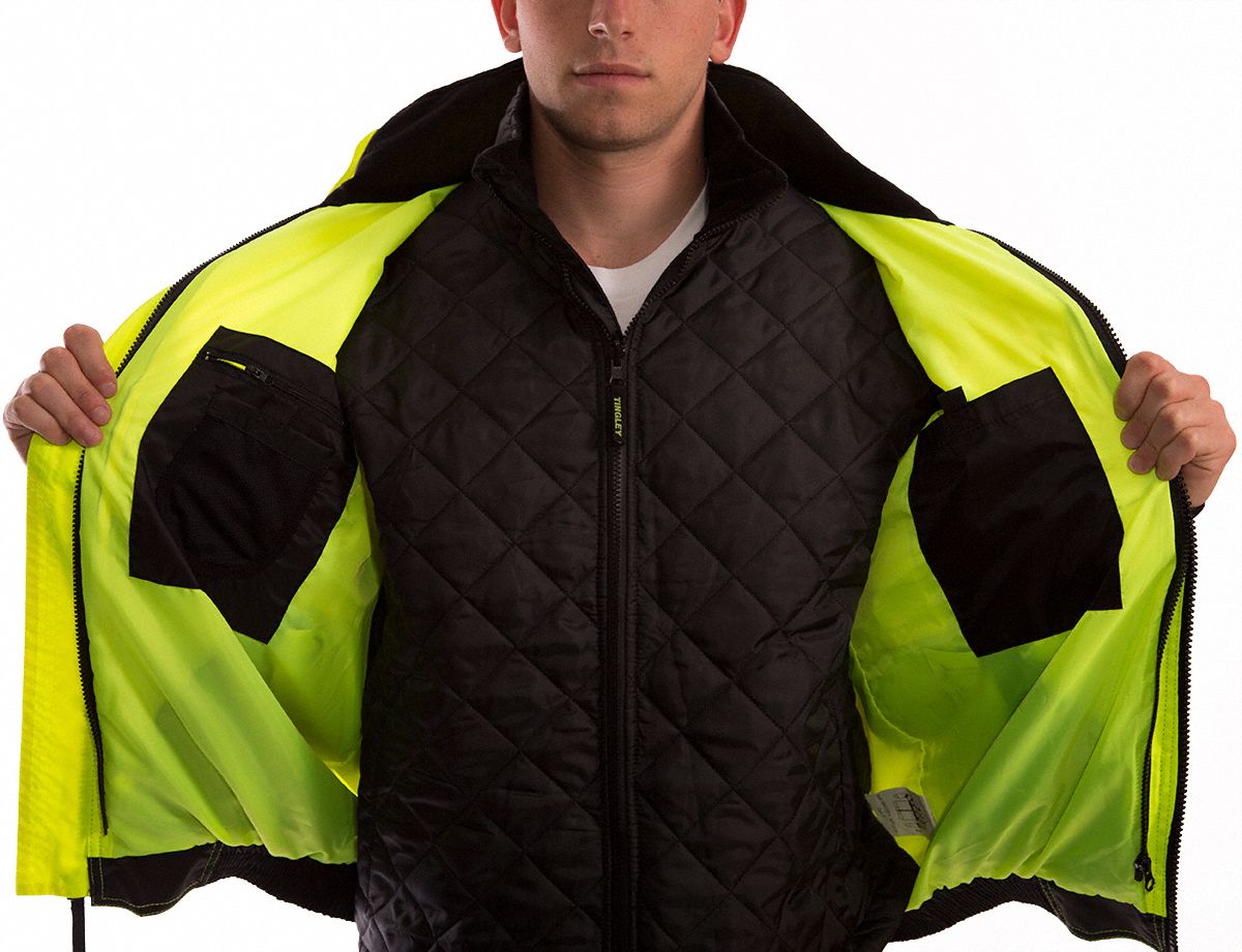 Medium Lime Mutual inc. Mutual Industries 16390-138-2 High Visibility PU Coated ANSI Class 3 Waterproof Bomber Jacket with Hood and Quilted Polyester Lining 