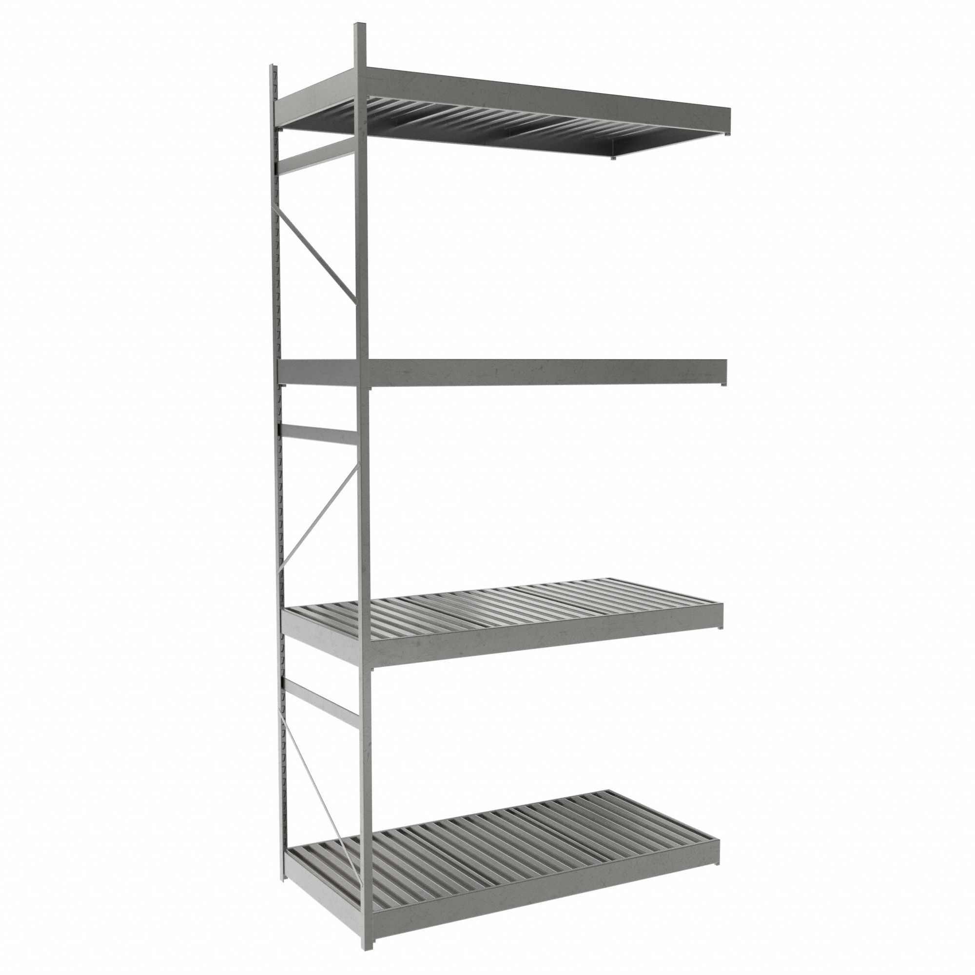Bulk Rack With Decking: Add-On, Light-Duty, 48 in x 24 in x 96 in, Ribbed Steel, 4 Shelves