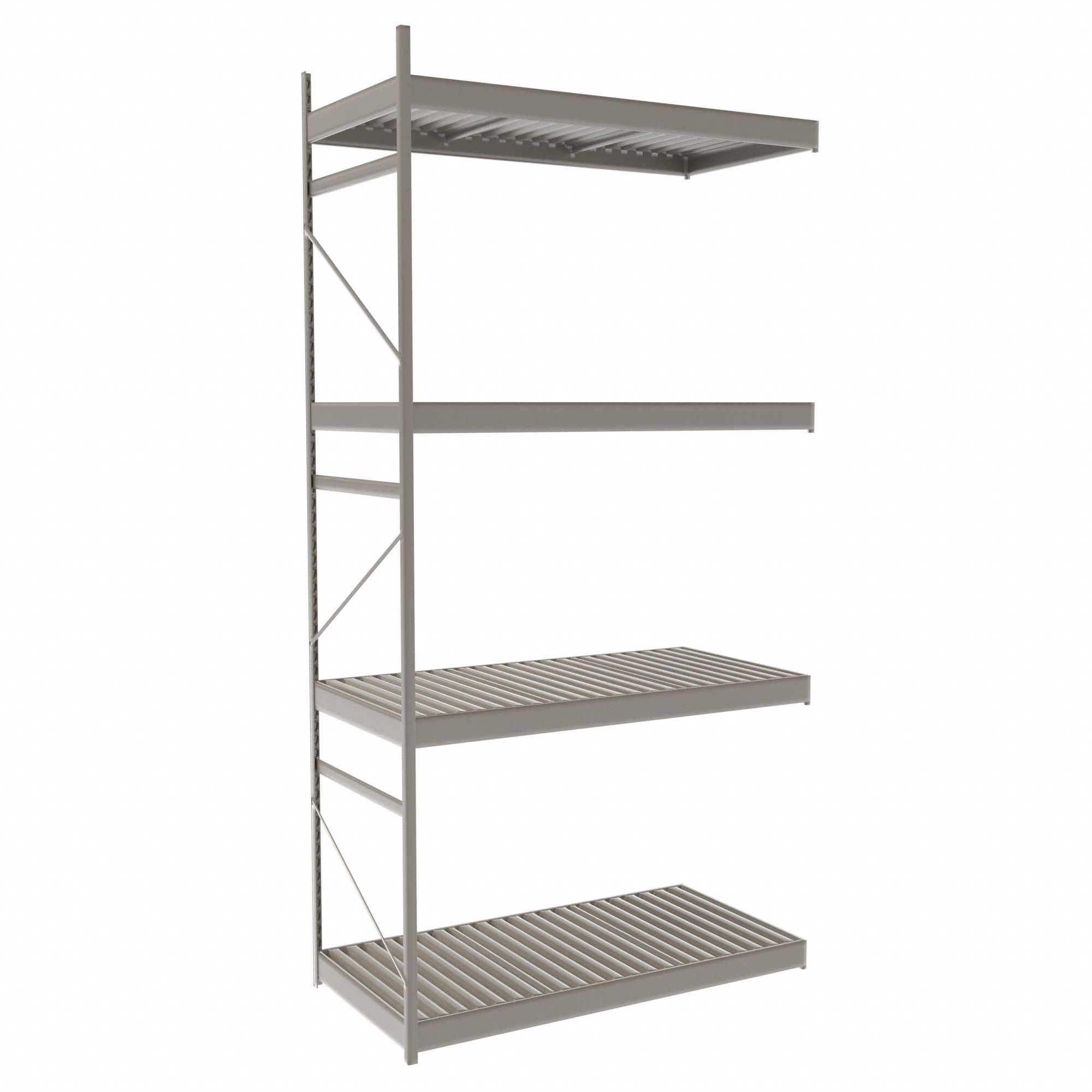 Bulk Rack With Decking: Add-On, Light-Duty, 48 in x 24 in x 96 in, Ribbed Steel, 4 Shelves