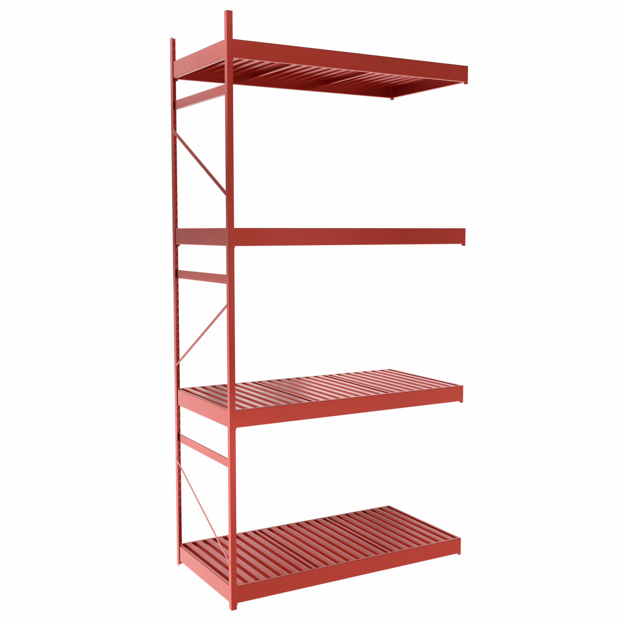 Bulk Rack With Decking: Add-On, Light-Duty, 48 in x 24 in x 96 in, Ribbed Steel, 4 Shelves