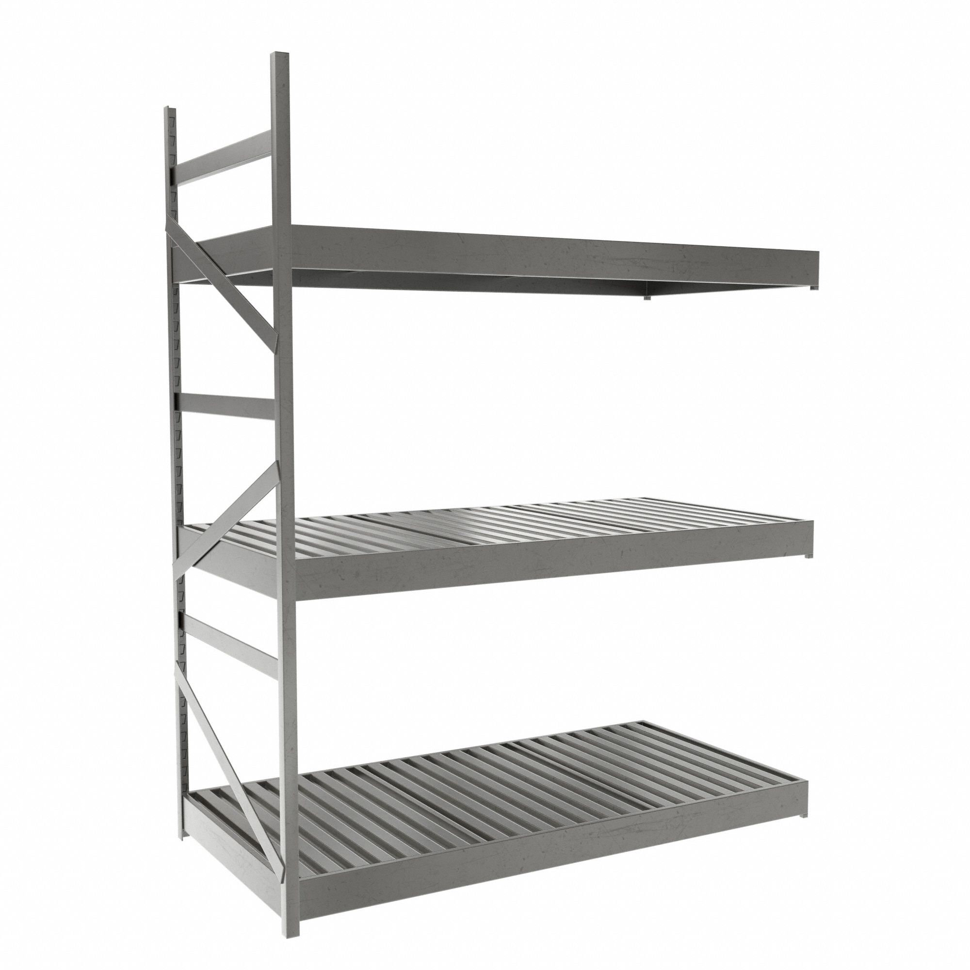 Bulk Rack With Decking: Add-On, Light-Duty, 48 in x 24 in x 60 in, Ribbed Steel, 3 Shelves