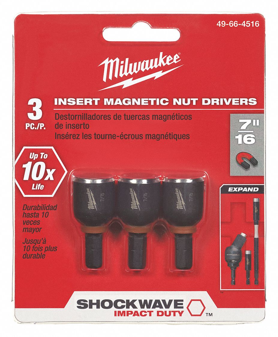 MILWAUKEE 7/16 in Hex, Nutsetter, 1 1/2 in Overall Length, PK 3