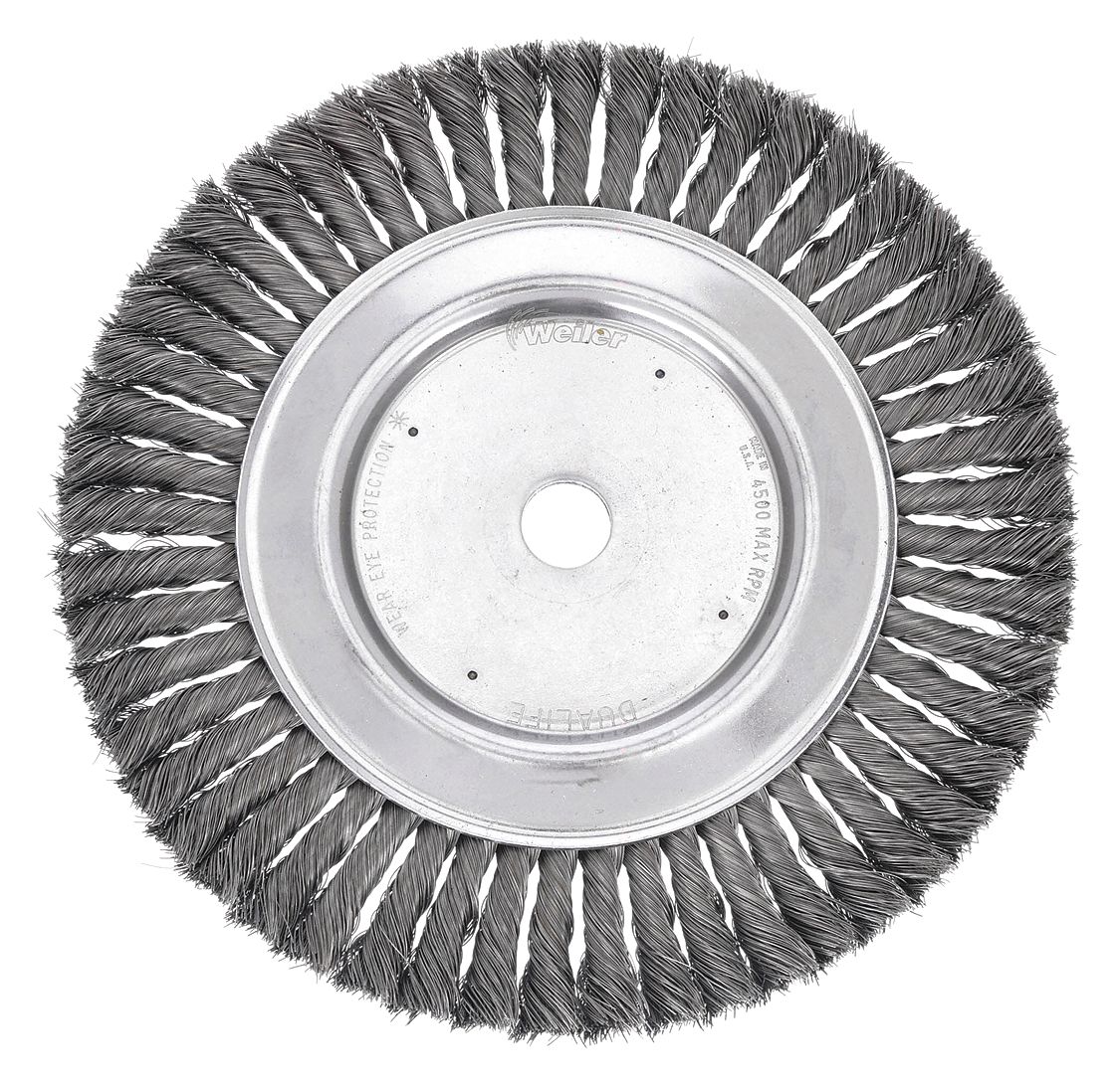 WIRE WHEEL BRUSH, TWISTED STEEL, 10 IN DIAMETER X ¾ IN W, ⅞ IN ARBOUR, 0.014 IN FILL