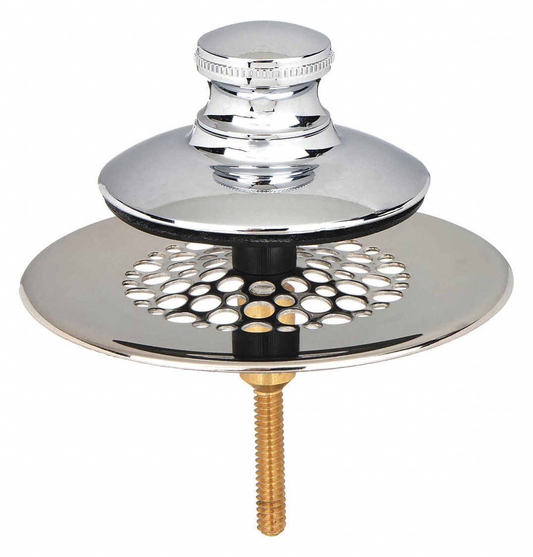 DRAIN STOPPER: 2⅞ IN OVERALL DIA, 2⅞ IN FITS MAX DRAIN SIZE, PUSH AND PULL, CHROME, TUB