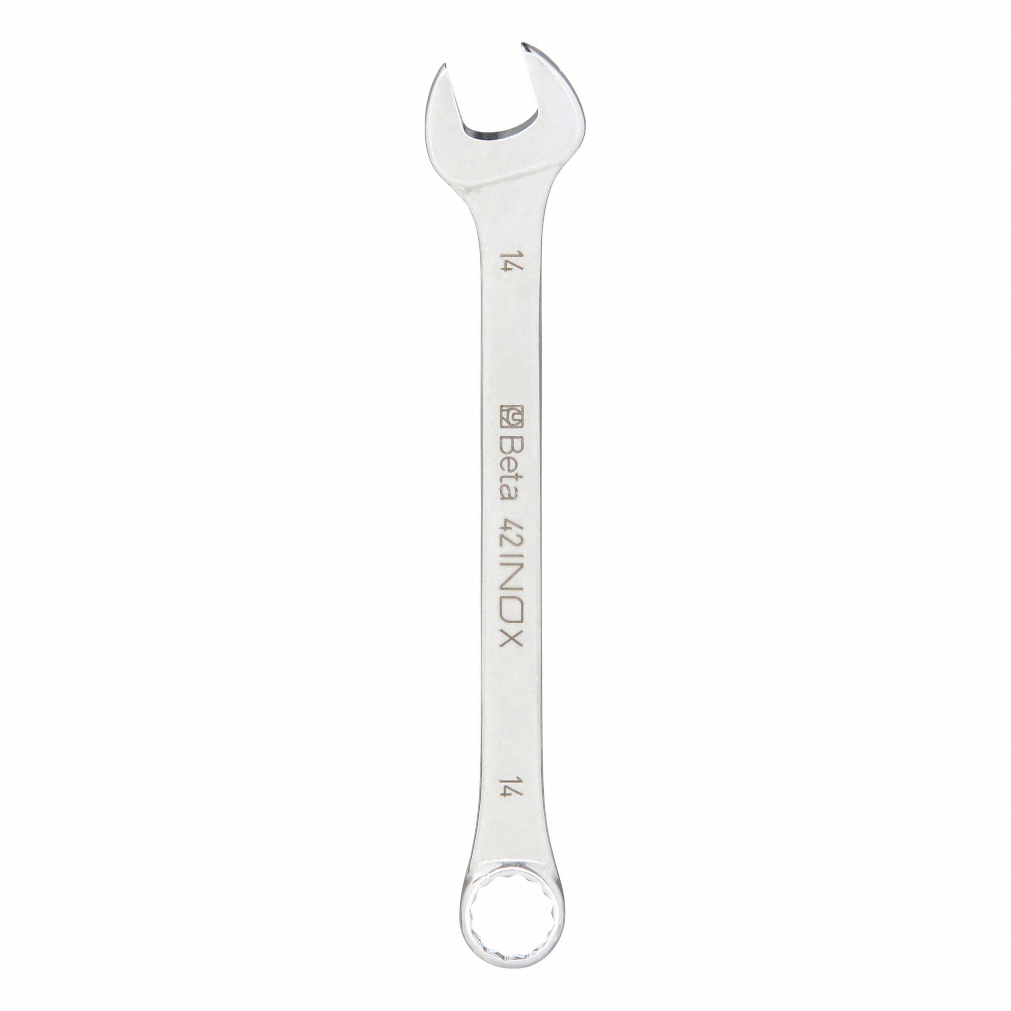 Combination Wrench: Stainless Steel, Chrome, 14 mm Head Size, 7 in Overall Lg, Offset