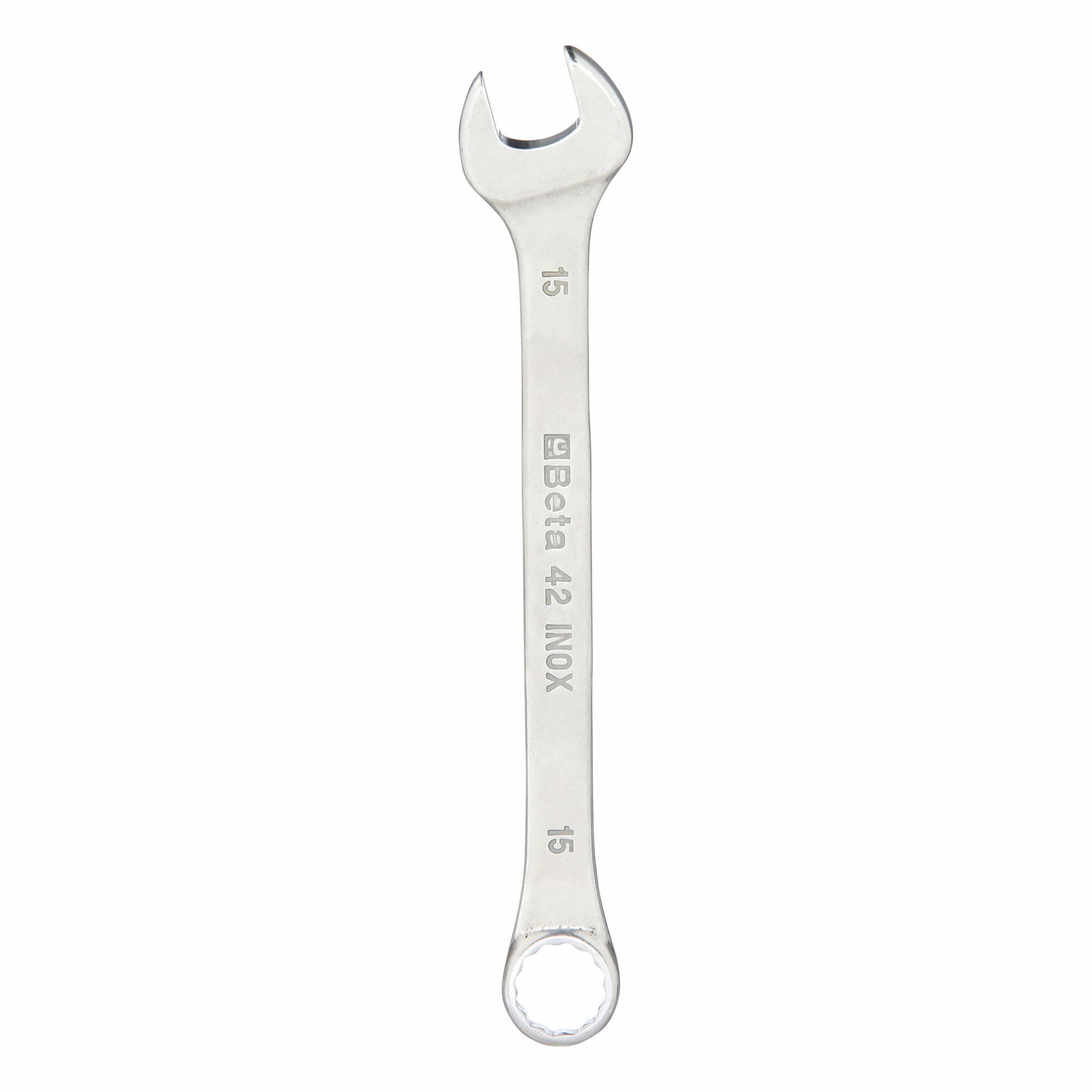 Combination Wrench: Stainless Steel, Chrome, 15 mm Head Size, 7 1/2 in Overall Lg, Offset