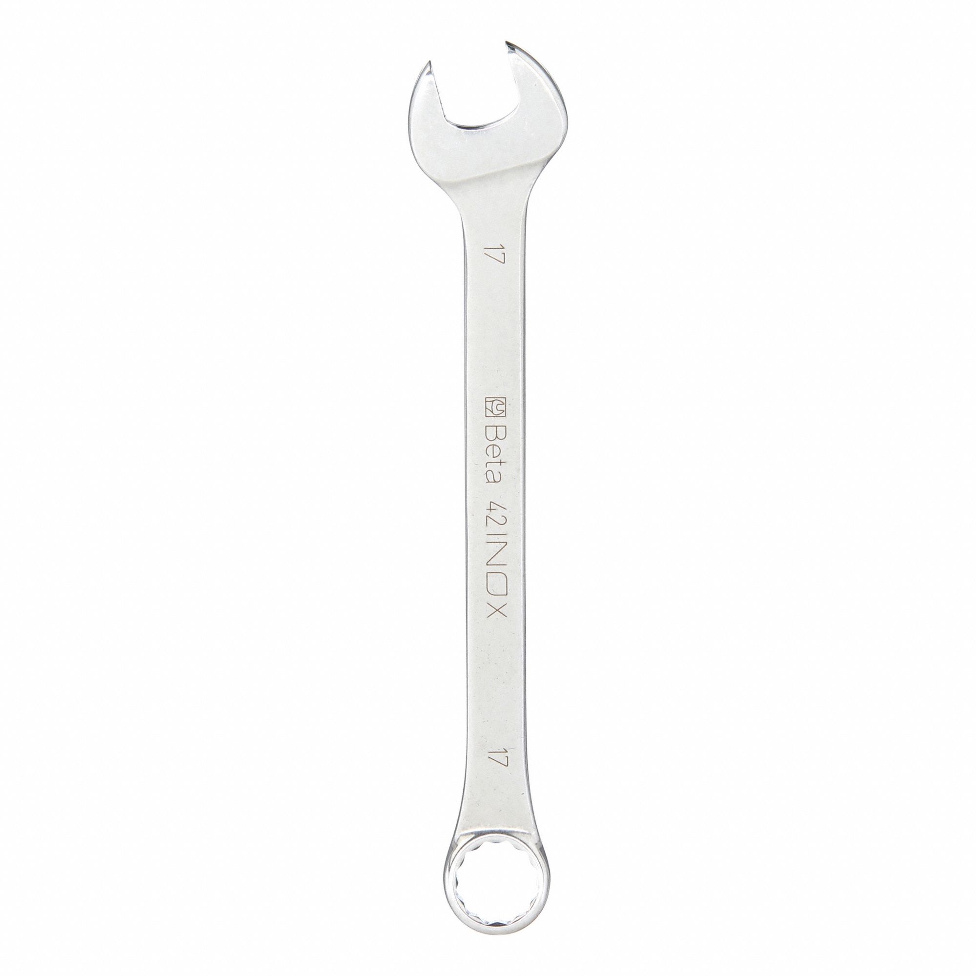 Combination Wrench: Stainless Steel, Chrome, 17 mm Head Size, 8 1/4 in Overall Lg, Offset