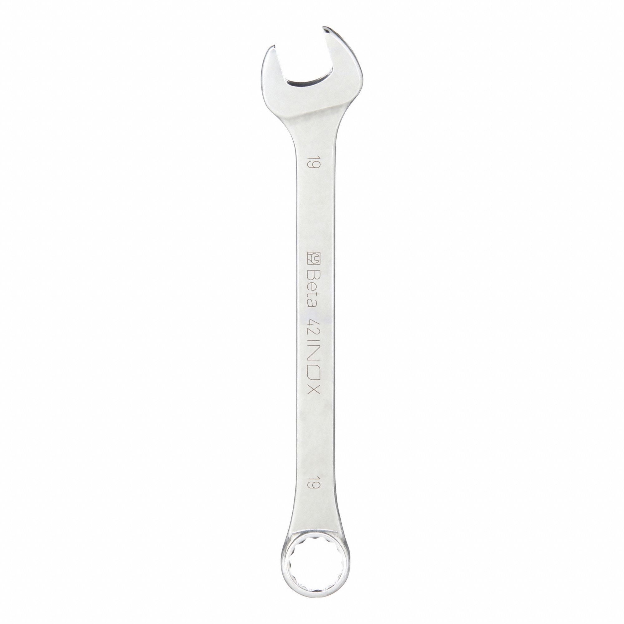 Combination Wrench: Stainless Steel, Chrome, 19 mm Head Size, 9 1/8 in Overall Lg, Offset