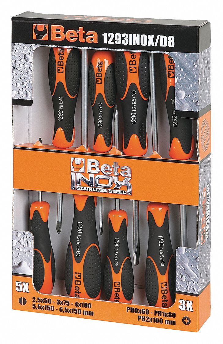 SCREWDRIVER SET, MULTICOMPONENT HANDLE, #0, #1, #2, ¼ IN,⅛ IN, 3/16 IN TIP, 8 PIECES