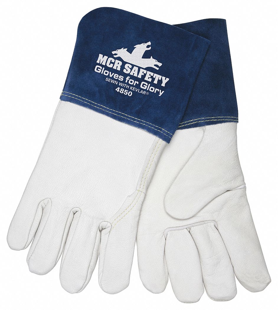 Welding Gloves: Wing Thumb, Gauntlet Cuff, Premium, White Goatskin, 2XL Glove Size, Unlined, 1 PR
