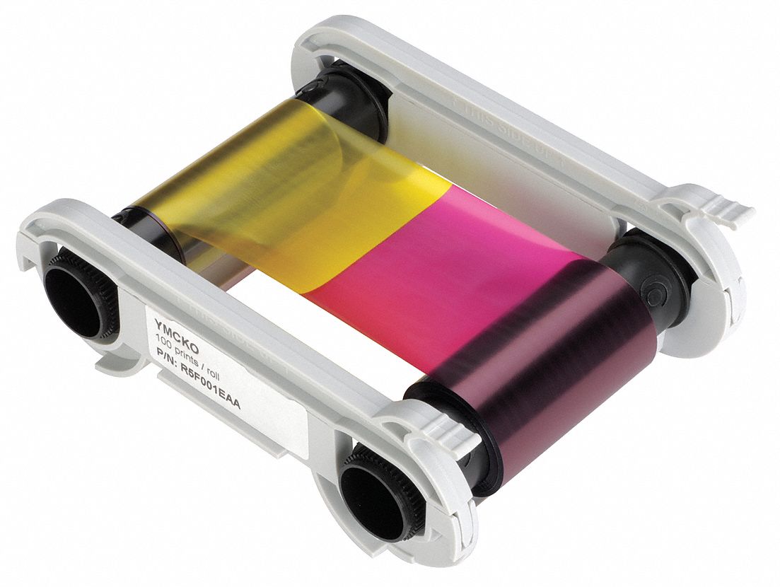 ID Card Printer Ribbon: Full Color, 200 Prints per Roll, 3 in Overall Ht, 4 in Overall Wd