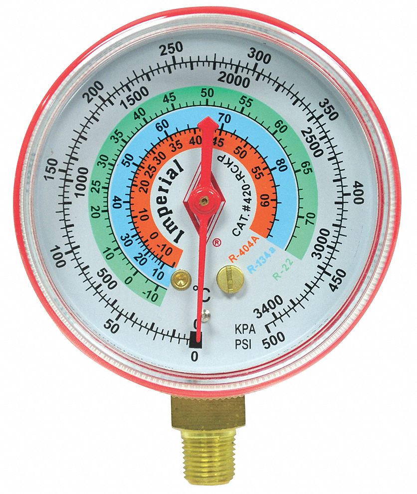 High Side Gauge: High Side Gauge, 0 psi to 500 psi, Non-Liquid Filled, 2 1/2 in Dia, Red