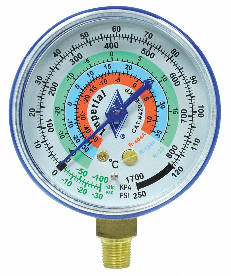 Low Side Gauge: Low Side Gauge, 14.7 psi to 250 psi, Non-Liquid Filled, 2 1/2 in Dia, Blue