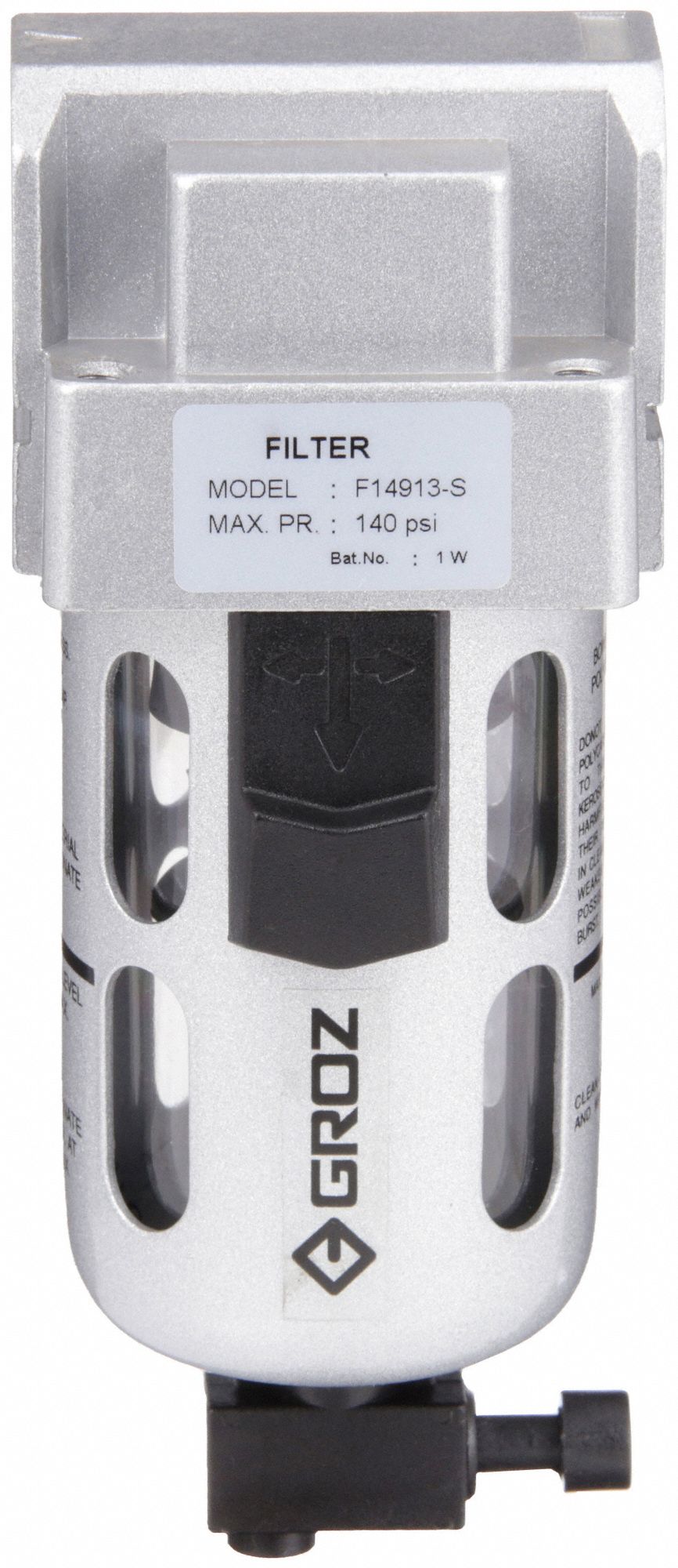 Compressed Air Filter: Particulate, 1/4 in NPT, 40 micron, 49 cfm, 145 psi Max Op Pressure