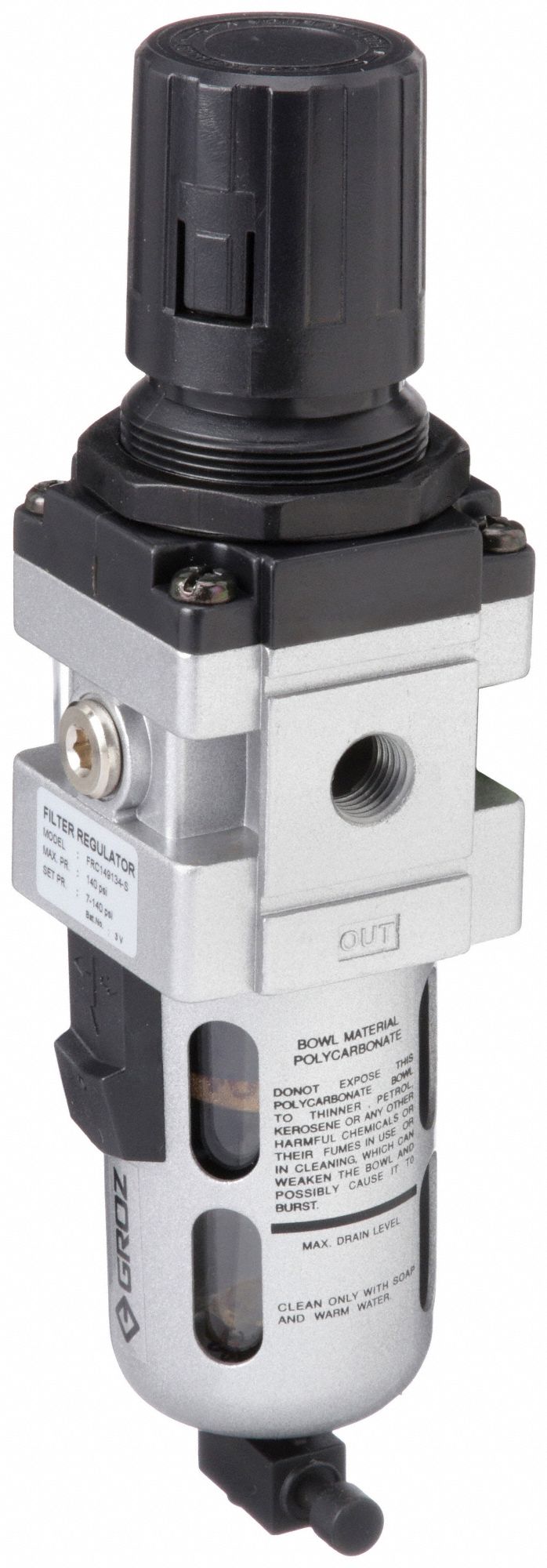 GROZ FilterRegulator 1/4 in NPT, 63 cfm, 40 micron, 7 psi to 145 psi