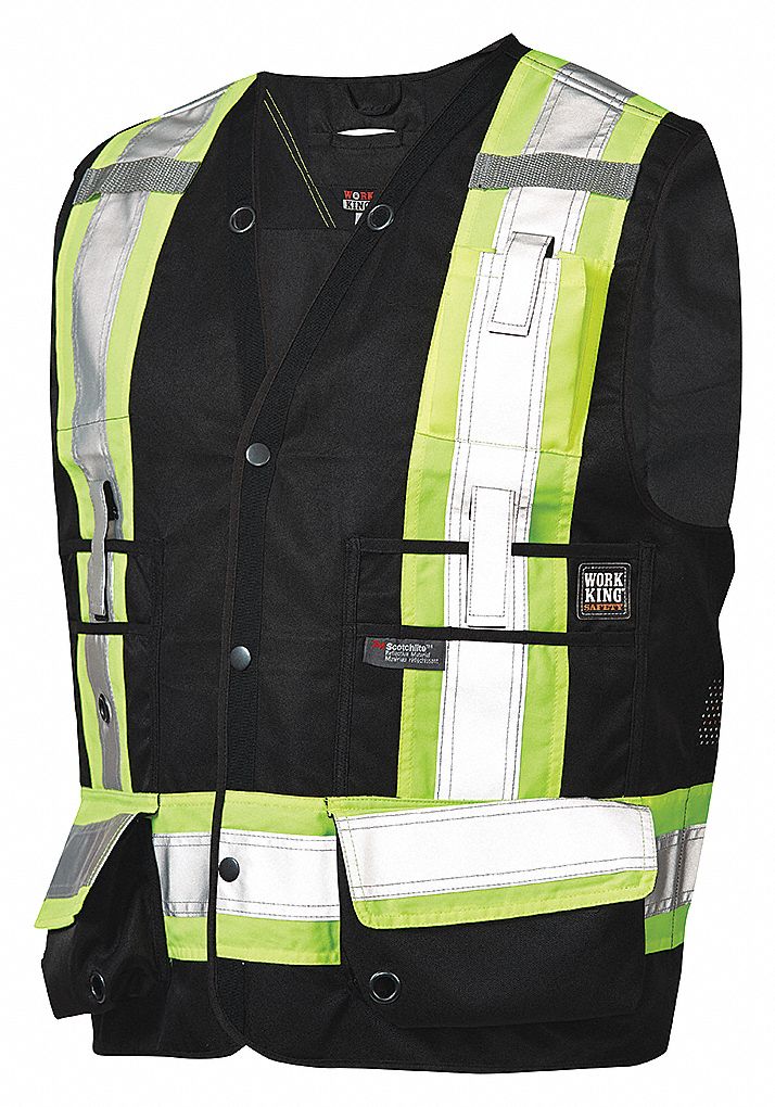 MEN S HI VIS SURVEYOR SAFETY VEST XL BLACK 100 POLYESTER SNAP CSA ANSI