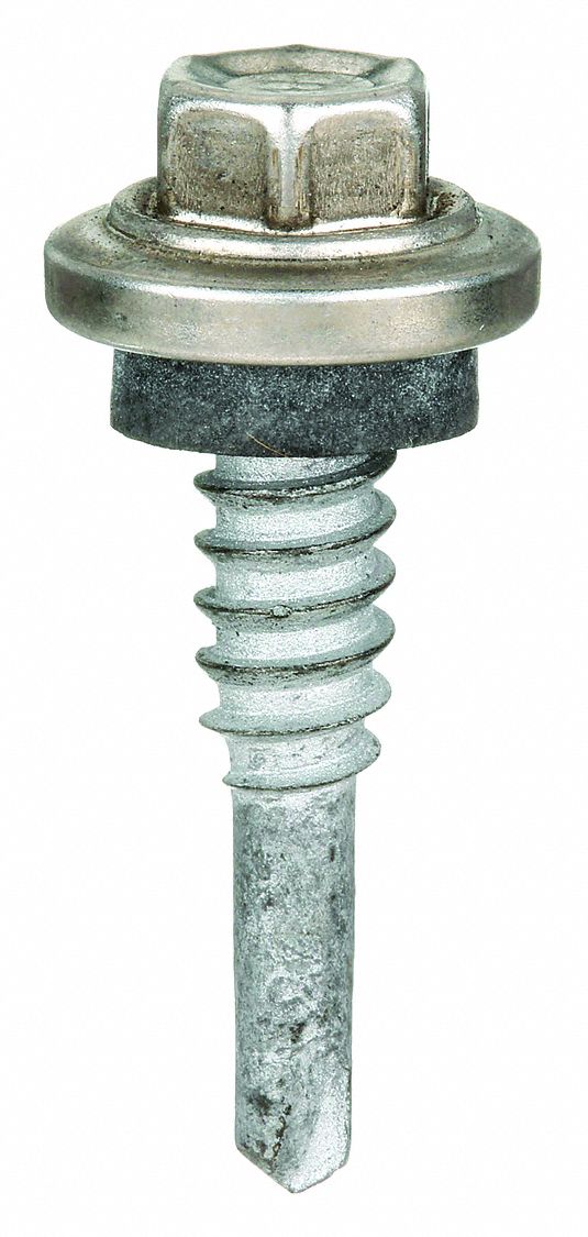 Self-Drilling Screw: 1/4 in Size, 1 1/8 in Lg, Steel, Climaseal™, Hex Washer, Internal Hex, 250 PK