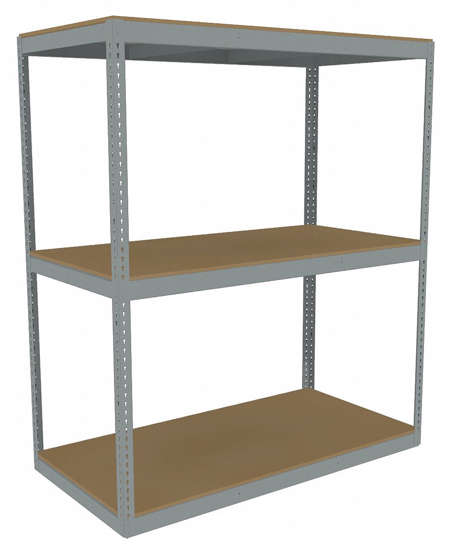 Boltless Shelving: Starter, Heavy-Duty, 72 in x 36 in, 84 in Overall Ht, 3 Shelves, Open