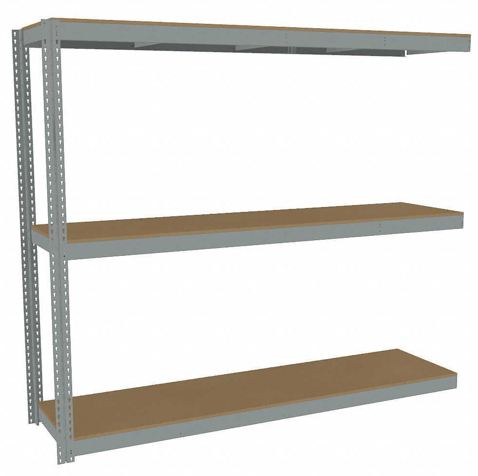 Boltless Shelving: Add-On, Heavy-Duty, 96 in x 24 in, 84 in Overall Ht, 3 Shelves