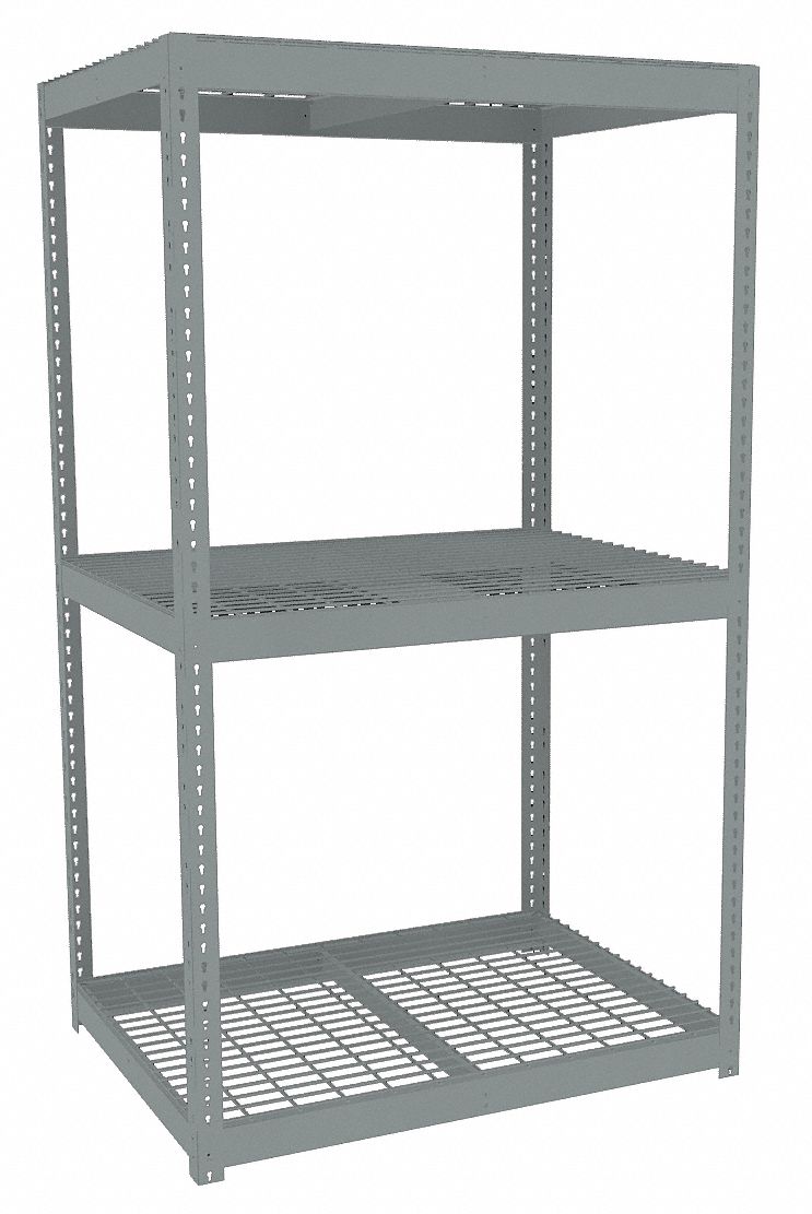 Boltless Shelving: Starter, Heavy-Duty, 48 in x 36 in, 84 in Overall Ht, 3 Shelves, Steel