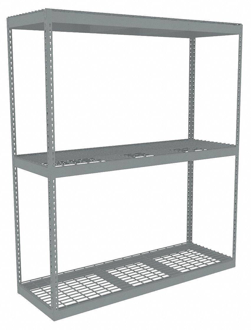 Boltless Shelving: Starter, Heavy-Duty, 72 in x 24 in, 84 in Overall Ht, 3 Shelves, Steel