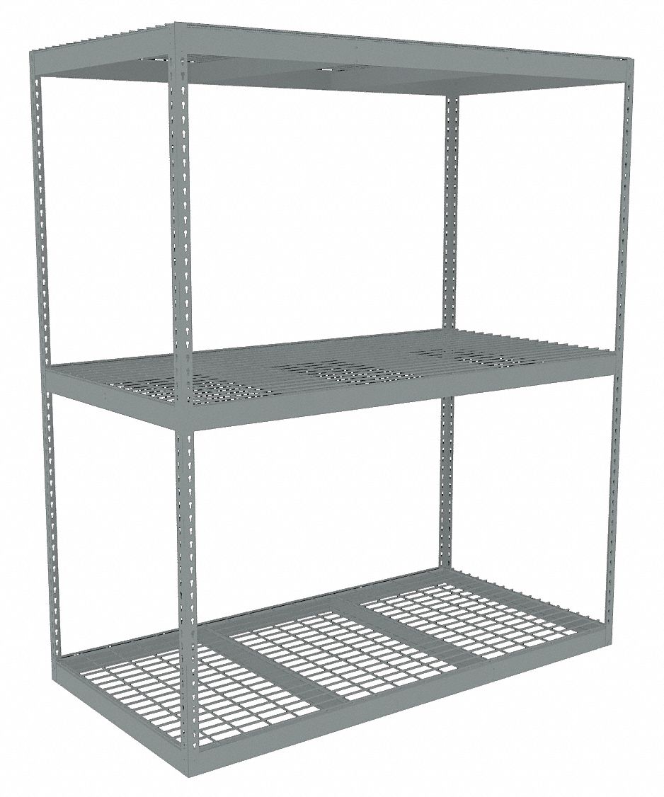 Boltless Shelving: Starter, Heavy-Duty, 72 in x 36 in, 84 in Overall Ht, 3 Shelves, Steel