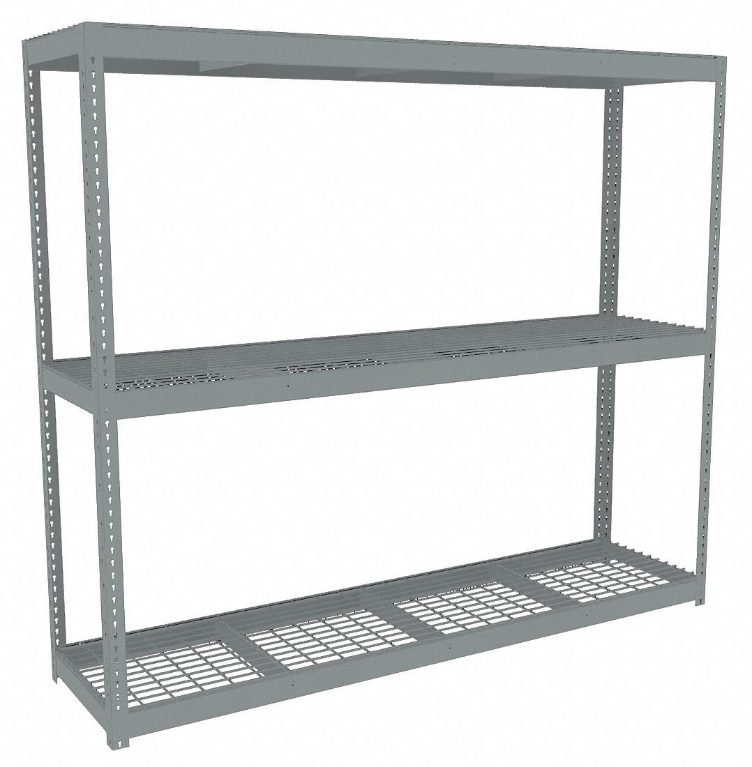 Boltless Shelving: Starter, Heavy-Duty, 96 in x 24 in, 84 in Overall Ht, 3 Shelves, Steel