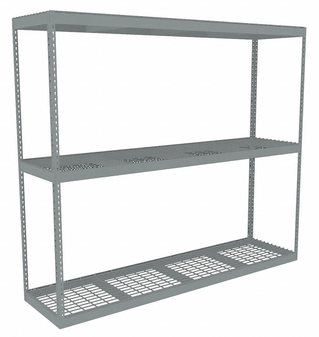 Boltless Shelving: Starter, Heavy-Duty, 96 in x 24 in, 84 in Overall Ht, 3 Shelves, Steel