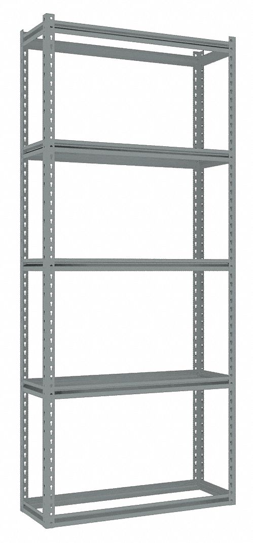 Boltless Shelving: Starter, Medium-Duty, 36 in x 12 in, 84 in Overall Ht, 5 Shelves, Open