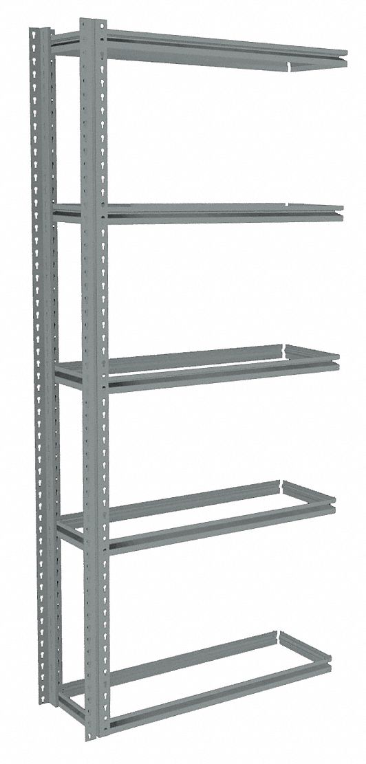 Boltless Shelving: Add-On, Medium-Duty, 36 in x 12 in, 84 in Overall Ht, 5 Shelves